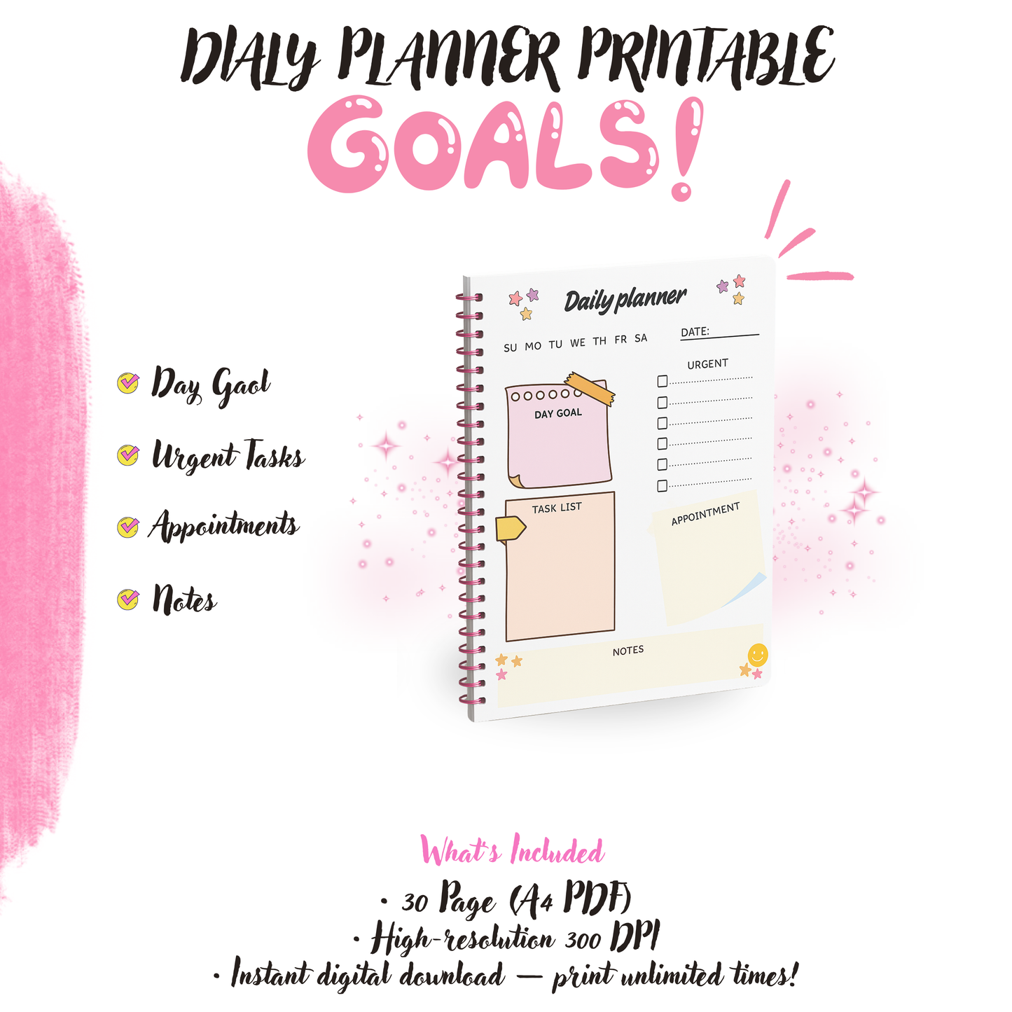Cute Daily Planner Printable | A4 & US Letter | Minimal Pastel Digital Planner | Productivity & Goal Planner Sheet | Instant Download