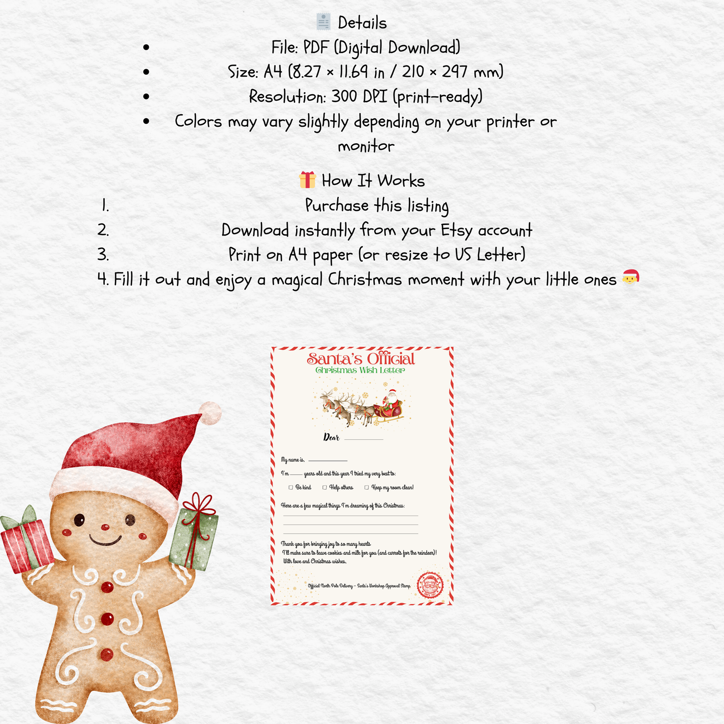 π Santa Letter Printable A4 β Kids Christmas Wish Letter | Santa Official Template Digital Download