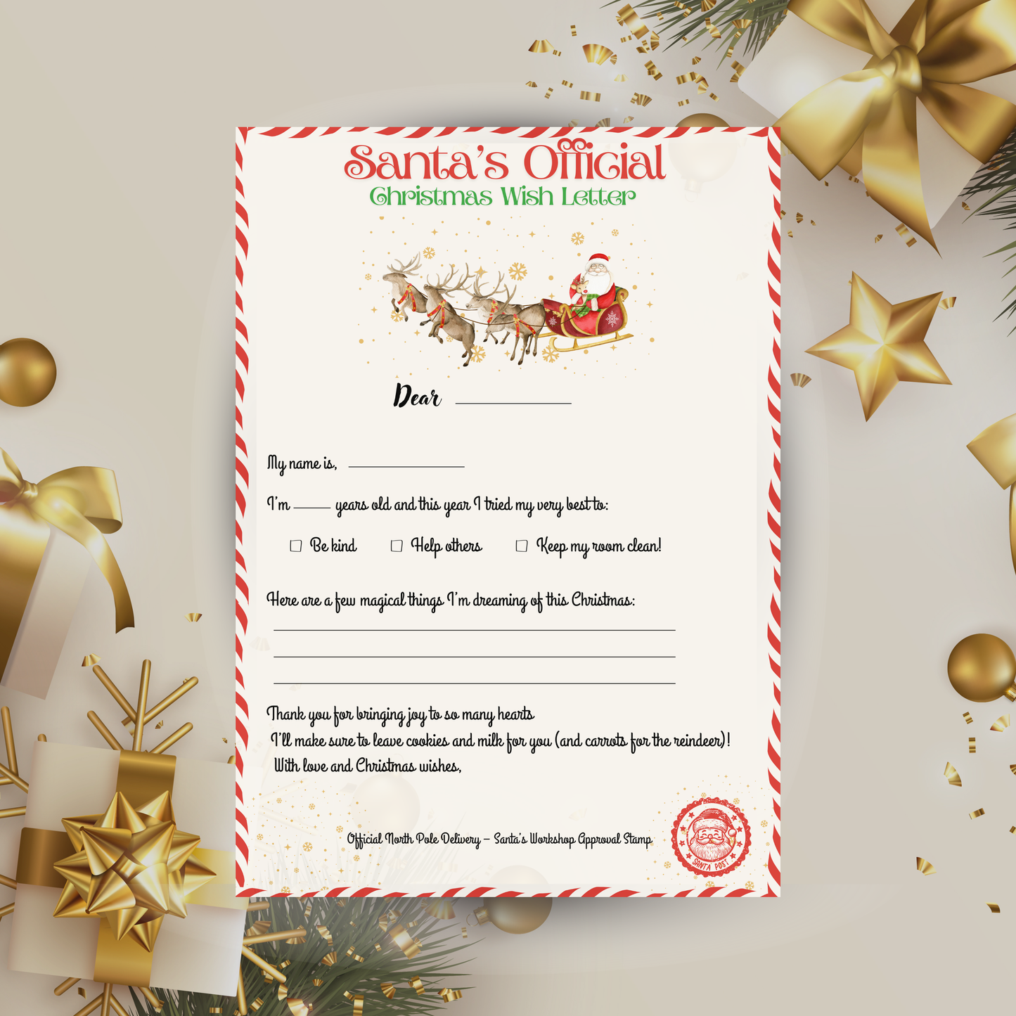 🎄 Santa Letter Printable A4 – Kids Christmas Wish Letter | Santa Official Template Digital Download